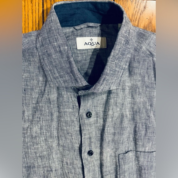 AQUA Toscano men’s 100% linen long sleeve button down shirt, medium, navy - Picture 3 of 5